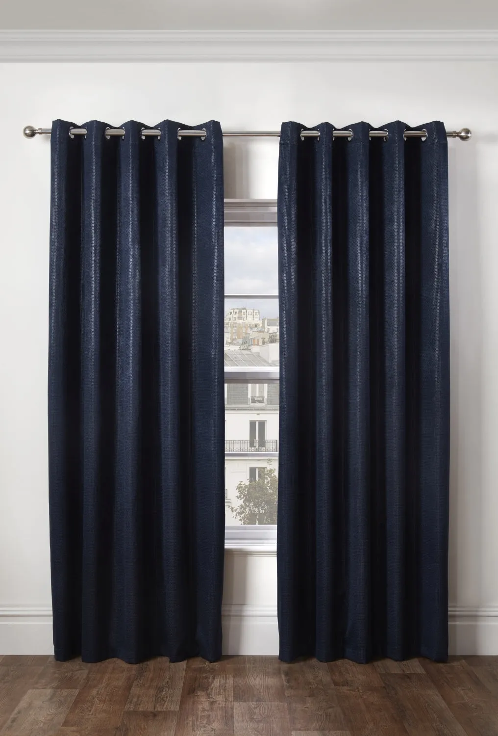 Ambiance Thermal Blackout Eyelet Curtains 3D Embossed Navy Curtains With Reflective Reverse Weave