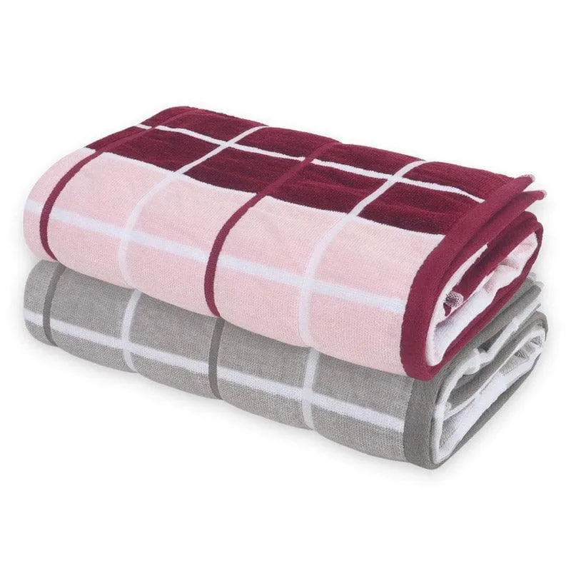Aqua Checkmate Bath Towel (Pink & Grey) - Set Of Two