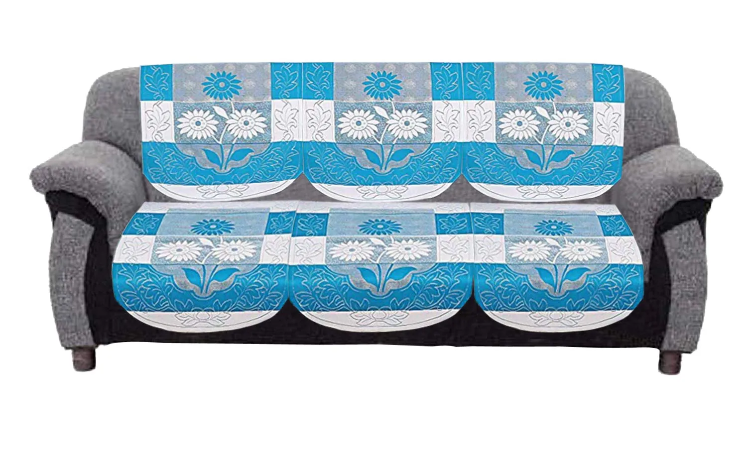 Kuber Industries Side Flower Cotton 5 Seater Sofa Cover, 70" x 29", Set of 6, Blue
