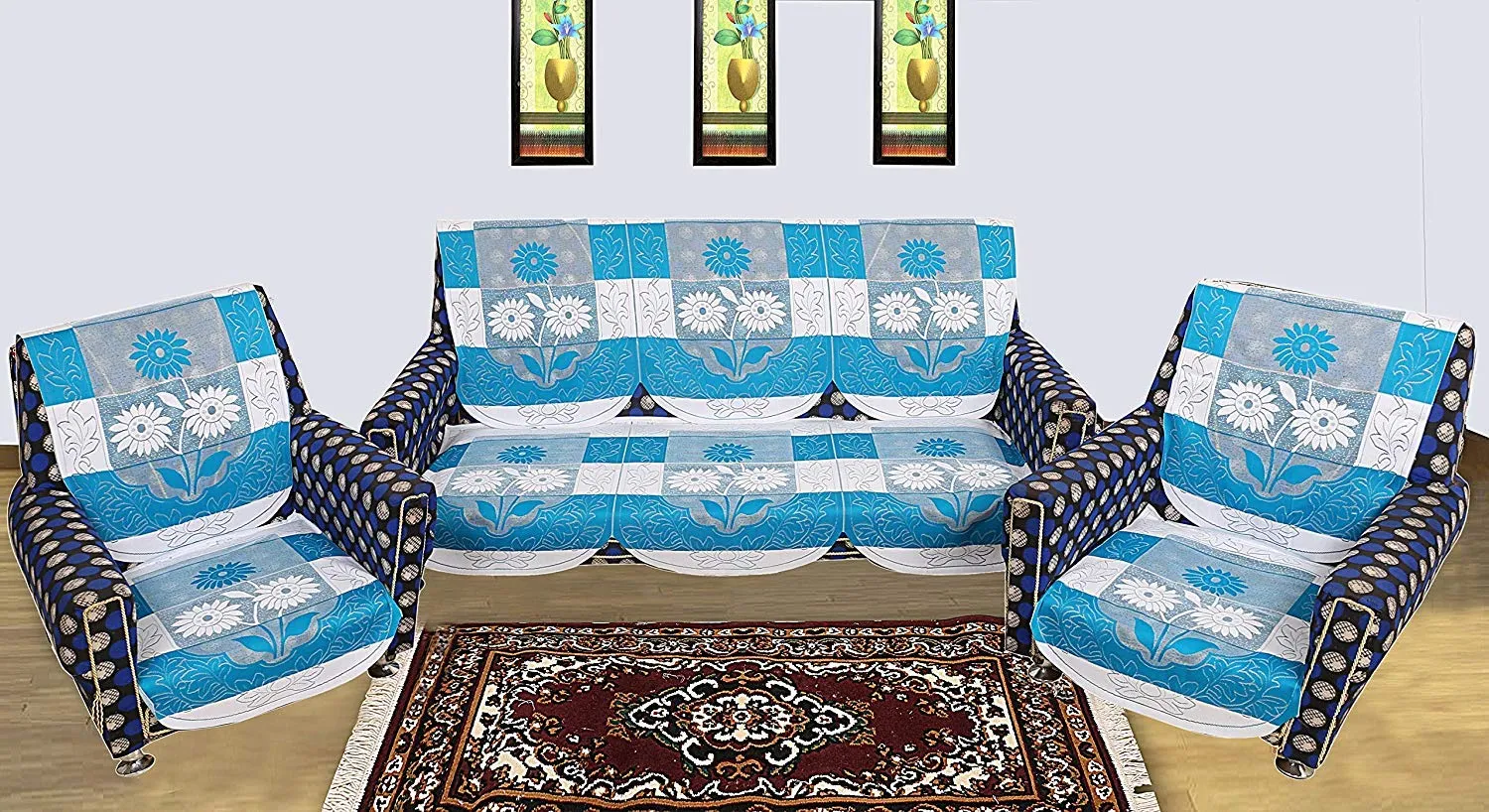 Kuber Industries Side Flower Cotton 5 Seater Sofa Cover, 70" x 29", Set of 6, Blue