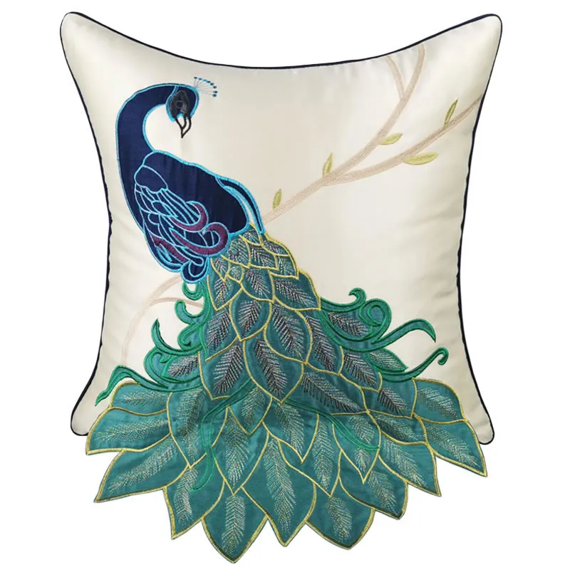 Satin Embroidered Peacock Throw Cushion