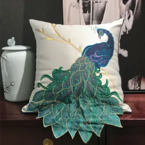 Satin Embroidered Peacock Throw Cushion
