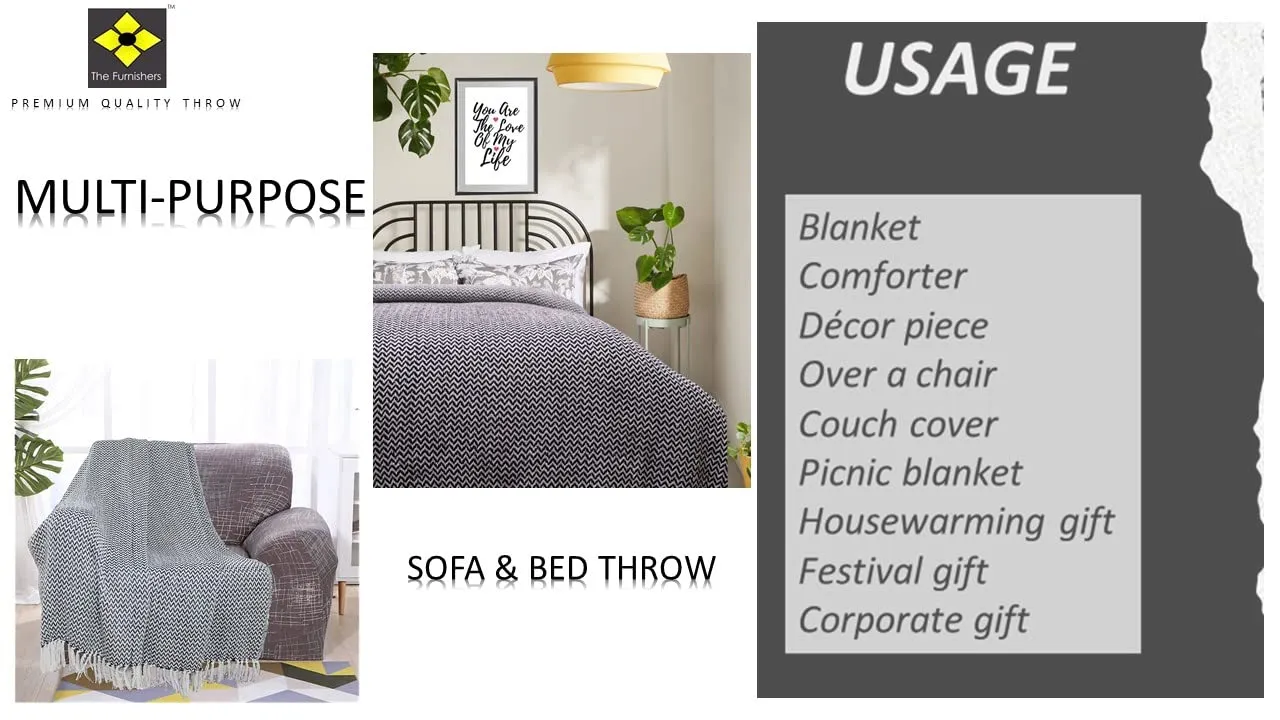 The Furnishers Chevron 78x60 Inch Reversible Cotton Throw Blanket with Tassels| Blanket for Living Room, Sofa, Bed, Chair, Picnic & Used for Gift | Black Narrow Chevron, Size - 200x150 Cm